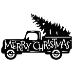 Aluminum wall art depicting a vintage pickup truck with 'Merry Christmas' written on the side. The truck carries a cut-out Christmas tree in the back. The piece is intricately designed with smooth edges and clean lines, creating a nostalgic holiday scene.